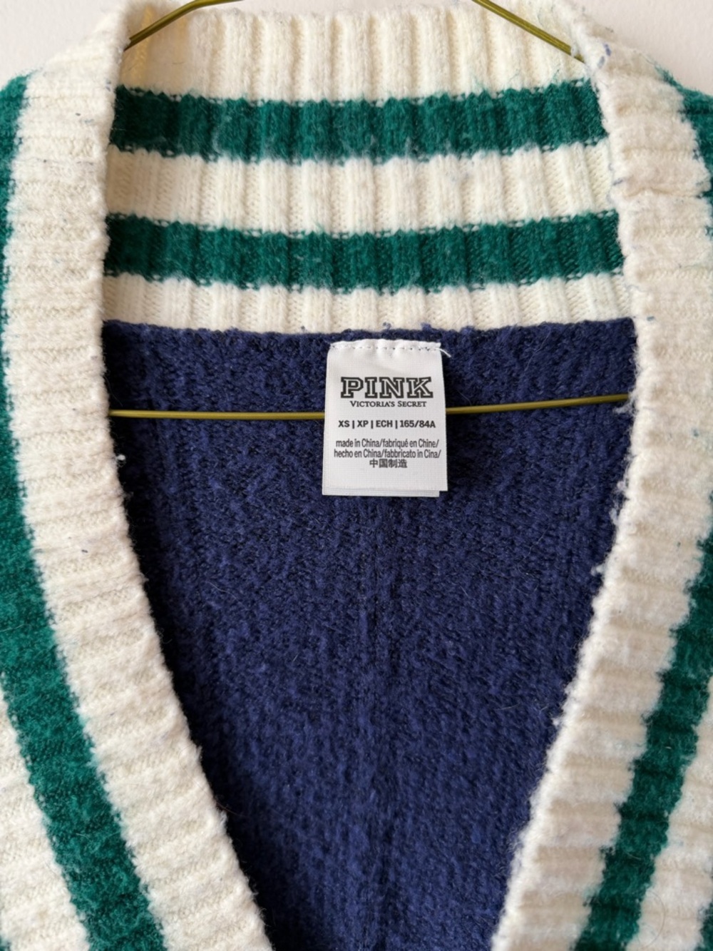 PINK Victoria's Secret Navy Shawl-Collar Cardigan with Cream & Green Stripes - Picture 3 of 5